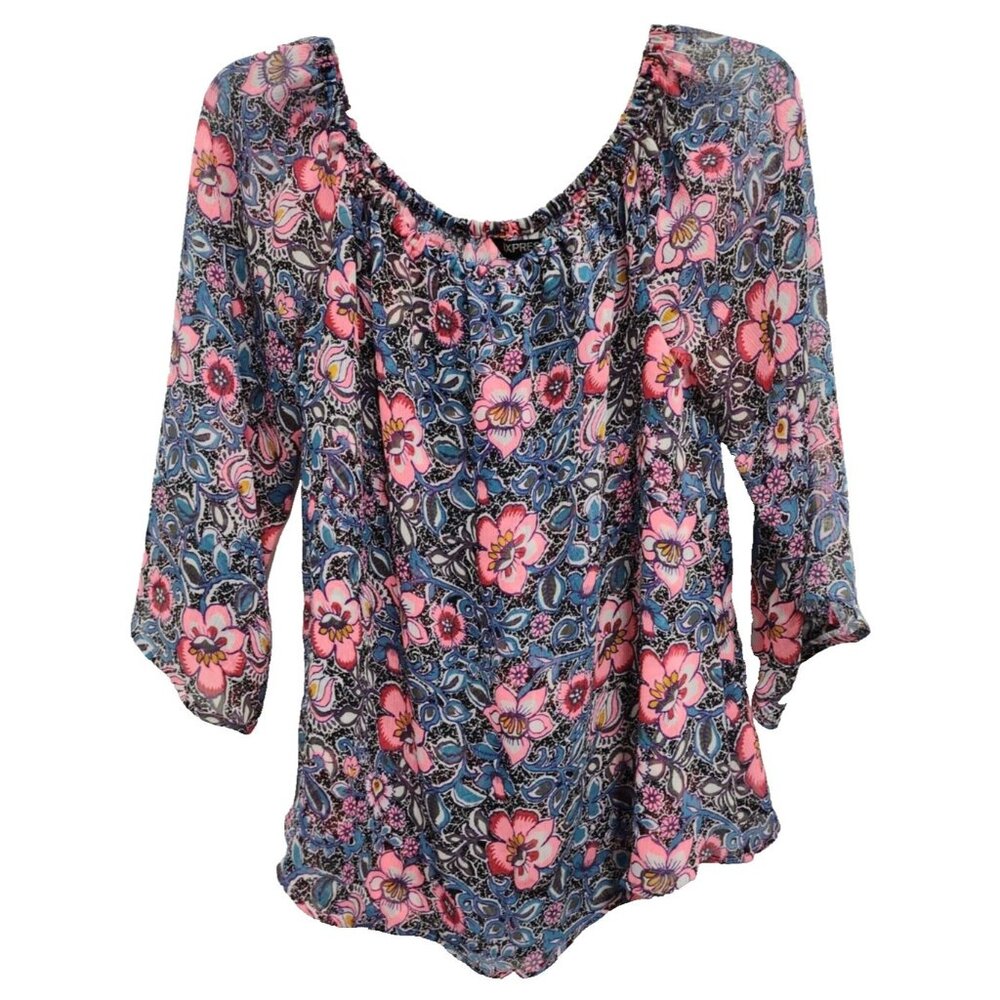 Express Womens BOHO Blouse Top Small Red Blue Floral Chiffon Layered 3/4 Sleeve‎